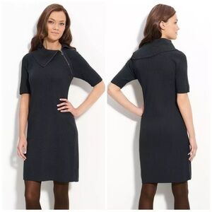 CALVIN KLEIN Black Knit Asymmetric Zip Cowl Neck Short Sleeve Sweater Dress S